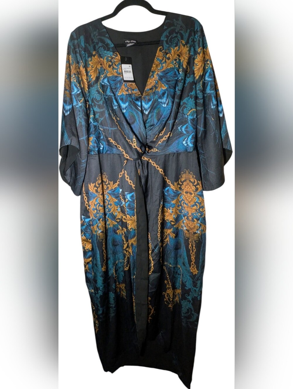 City Chic NWT Black Baroque Peacock Priscilla Twist Front Maxi Dress 16 / S